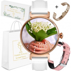 zegarek smartwatch rubicon amoled komunia rosegold/ biały i różowy pasek, bransoleta