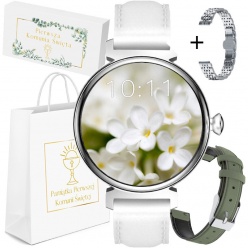 zegarek smartwatch rubicon komunia amoled silver biały i zielony pasek + bransoleta