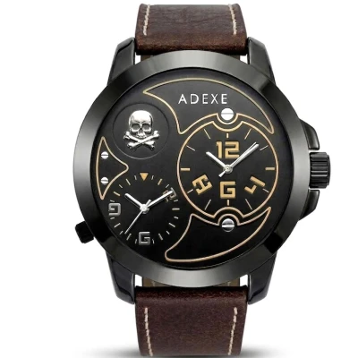 Zegarek męski dual Time dwa czasy brązowy skórzany pasek ADEXE 