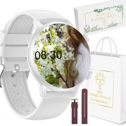 zegarek smartwatch rubicon biały amoled komunia + fiioletowy pasek